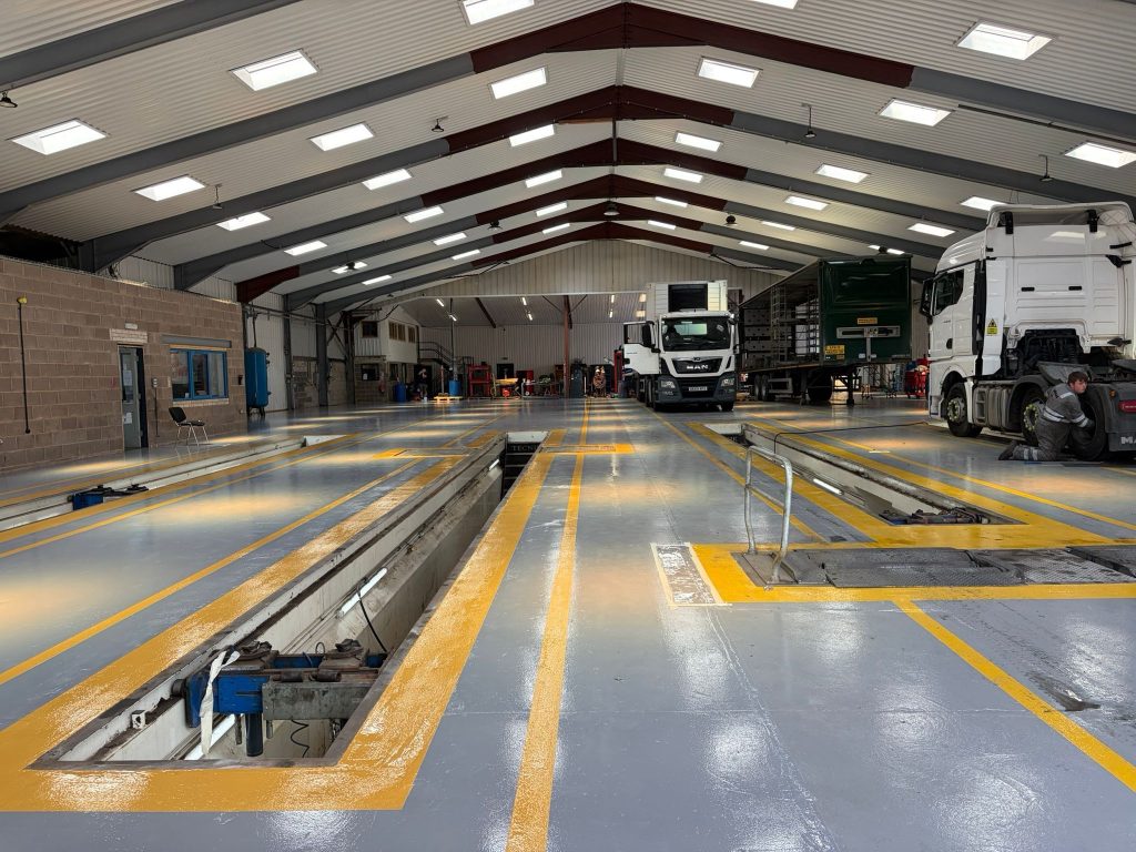 Overview of the finished 1,600m² HGV workshop floor