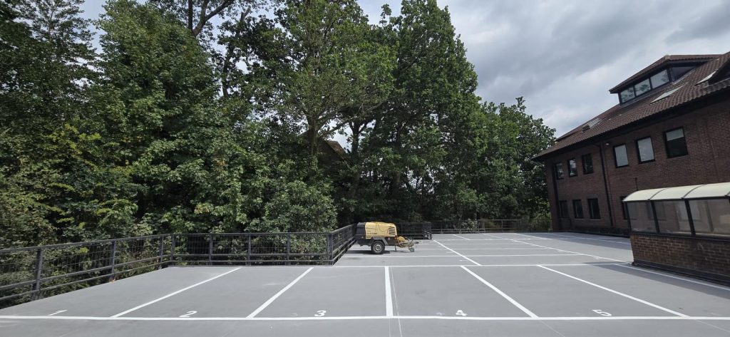 Overview of the refurbished office block car park top deck