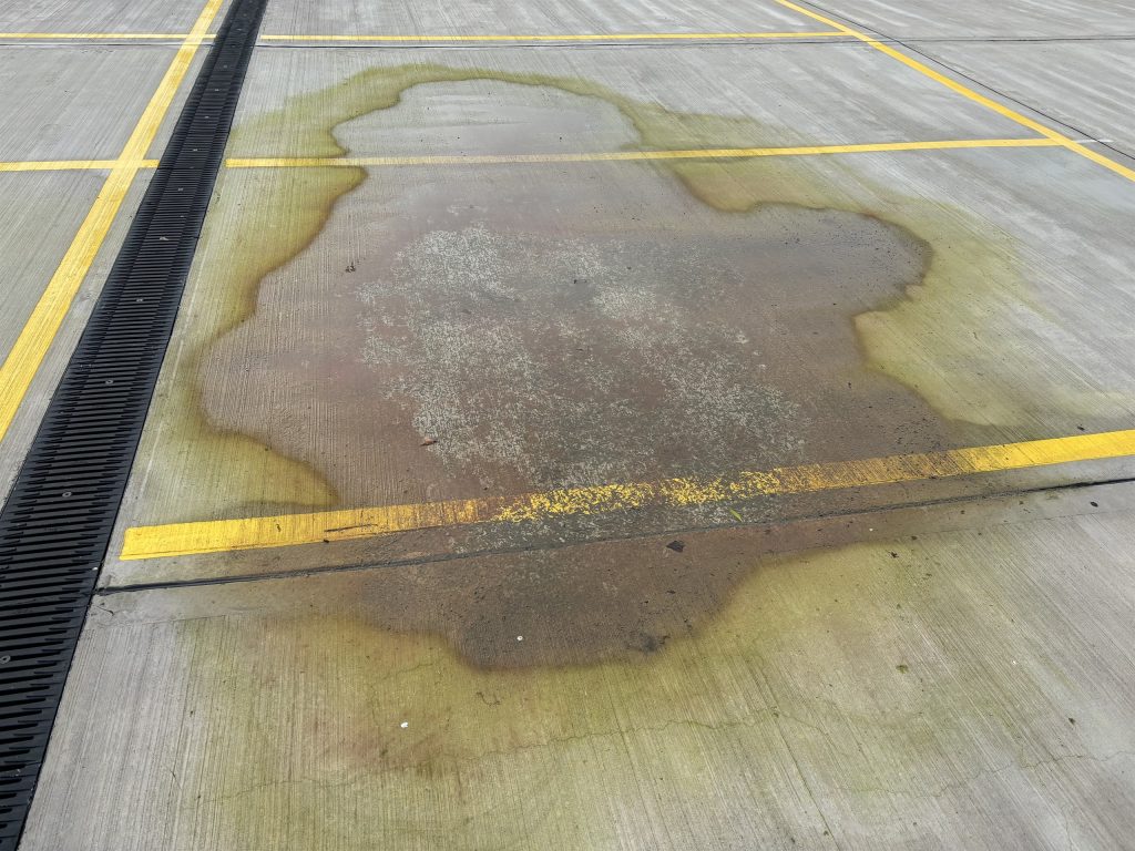 Water staining on the original multi-storey car park deck